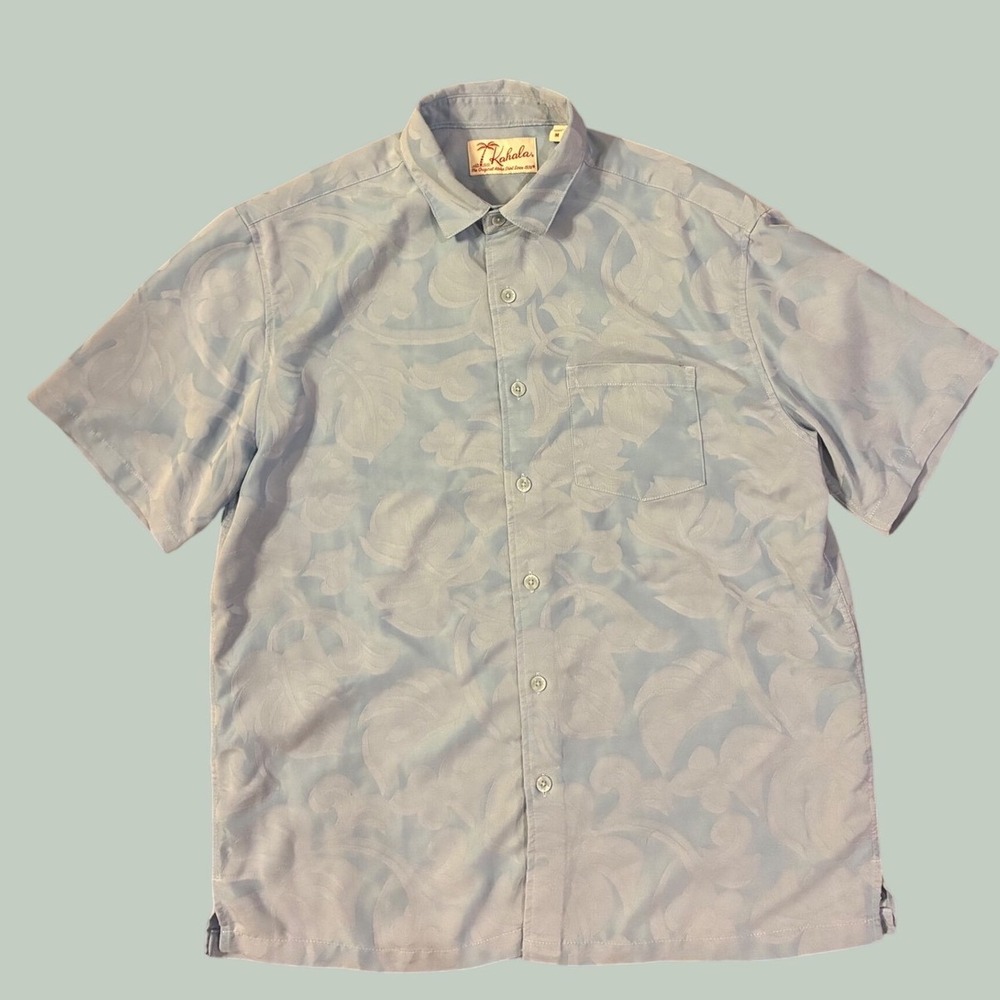 Kahala Mens Blue Jacquard Monstera Leaf Aloha Hawaiian Shirt Short Sleeve Medium